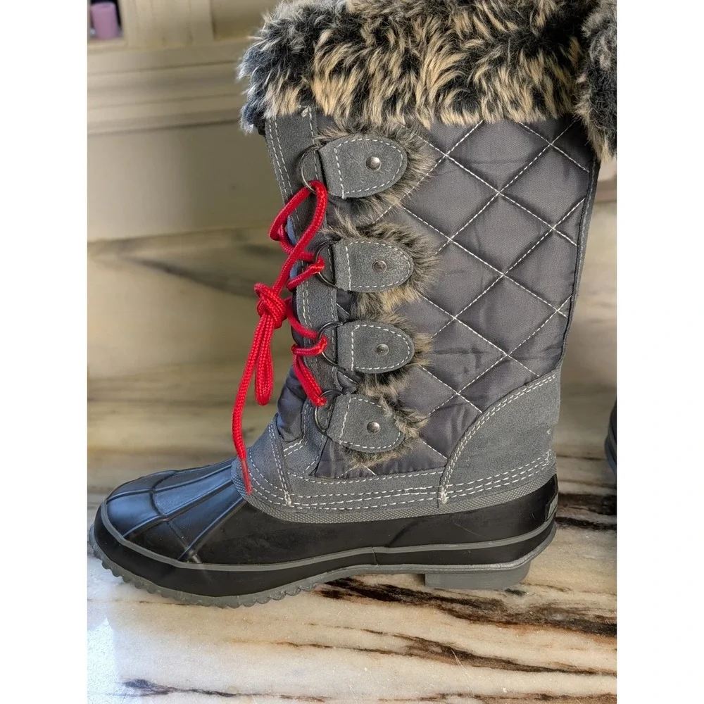 Womens Gray Black Quilted Faux Fur Trim Snow Duck‎ Boots Size 7B Waterproof Cold